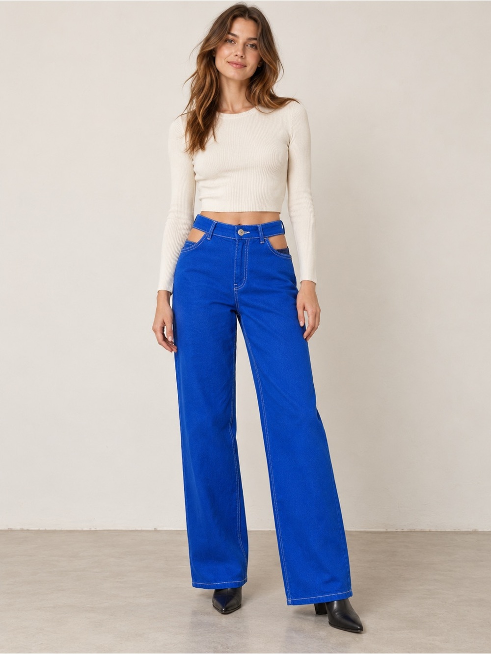 ZARA The Mel Cobalt Blue Cutout High Rise Wide Leg Jeans Size 2